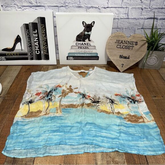 Chico's Scenic Ocean 100% Linen Caftan Blouse Top Beachy Tropical Poncho L/XL - Picture 6 of 10